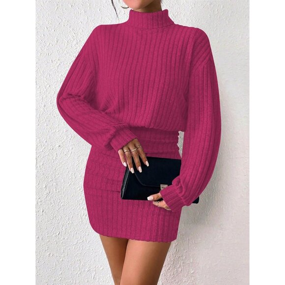 Women Rose Pink Long Sleeve Turtle Neck Cute Ribbed Knit Pullover Sweater Dress - Picture 2 of 5